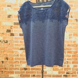 Navy Blue and White Striped lace trim top Size Large